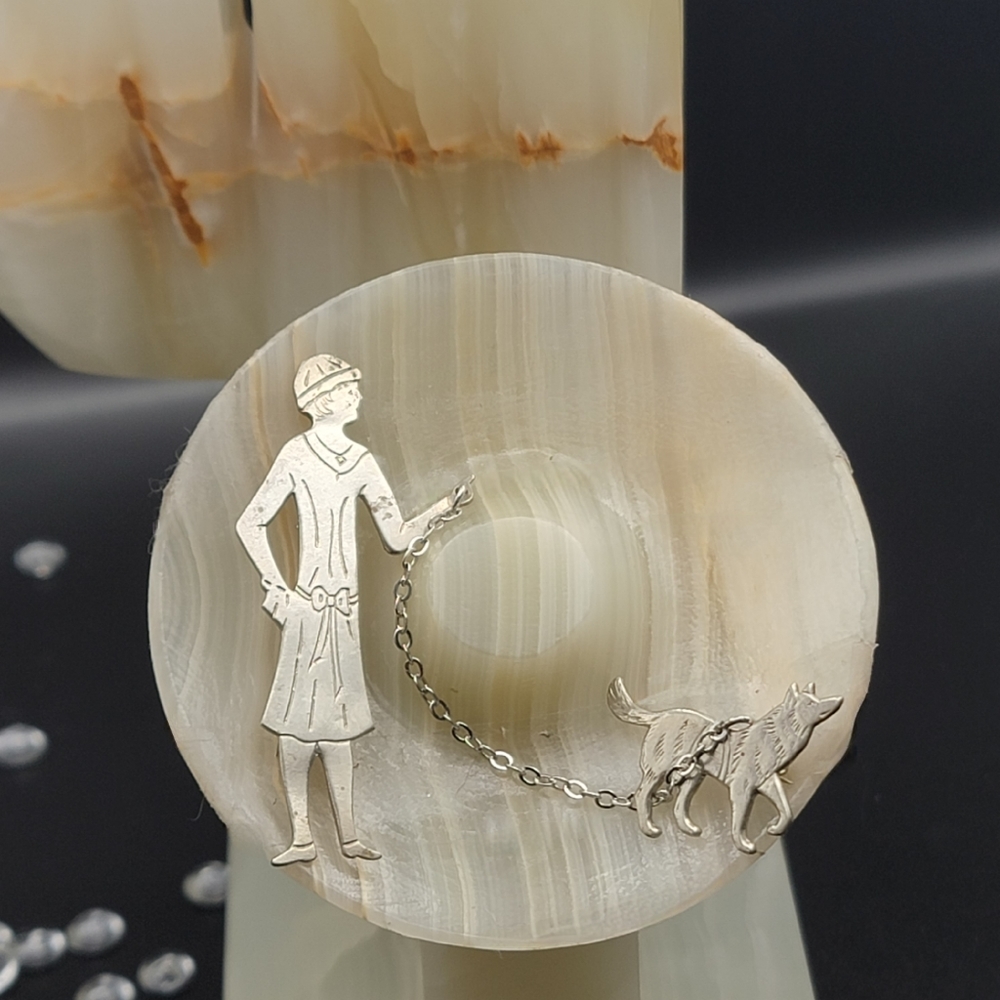 Antique Woman Walking Dog Silver Brooch